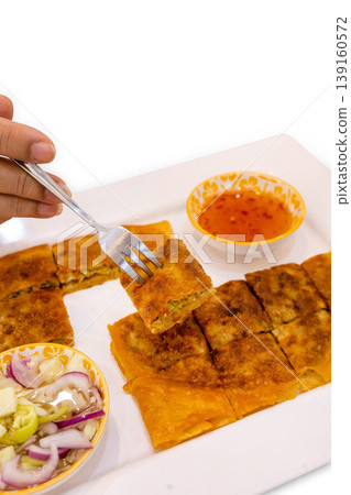 Top view of Roti Mataba Kind of Muslim and Indian food, focus selective 139160572