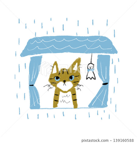 一幅貓咪在下雨天向窗外眺望的插圖。 一幅貓咪在下雨天向窗外眺望的插圖。 139160588