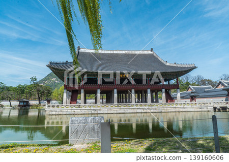 Seoul, South Korea - Apr. 12 , 2026 : Gyeonghoeru Pavilion in Gyeongbokgung Palace with cherry blossoms in Spring, Seoul, South Korea 139160606