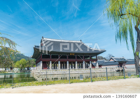 Seoul, South Korea - Apr. 12 , 2026 : Gyeonghoeru Pavilion in Gyeongbokgung Palace with cherry blossoms in Spring, Seoul, South Korea Seoul, South Korea - Apr. 12 , 2026 : Gyeonghoeru Pavilion in Gyeongbokgung Palace with cherry blossoms in Spring, Seoul, South Korea 139160607