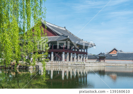 Seoul, South Korea - Apr. 12 , 2026 : Gyeonghoeru Pavilion in Gyeongbokgung Palace with cherry blossoms in Spring, Seoul, South Korea 139160610