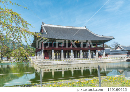 Seoul, South Korea - Apr. 12 , 2026 : Gyeonghoeru Pavilion in Gyeongbokgung Palace with cherry blossoms in Spring, Seoul, South Korea Seoul, South Korea - Apr. 12 , 2026 : Gyeonghoeru Pavilion in Gyeongbokgung Palace with cherry blossoms in Spring, Seoul, South Korea 139160613