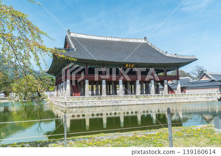 Seoul, South Korea - Apr. 12 , 2026 : Gyeonghoeru Pavilion in Gyeongbokgung Palace with cherry blossoms in Spring, Seoul, South Korea 139160614
