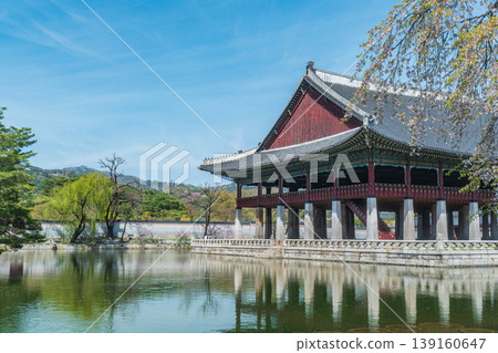 Seoul, South Korea - Apr. 12 , 2026 : Gyeonghoeru Pavilion in Gyeongbokgung Palace with cherry blossoms in Spring, Seoul, South Korea Seoul, South Korea - Apr. 12 , 2026 : Gyeonghoeru Pavilion in Gyeongbokgung Palace with cherry blossoms in Spring, Seoul, South Korea 139160647