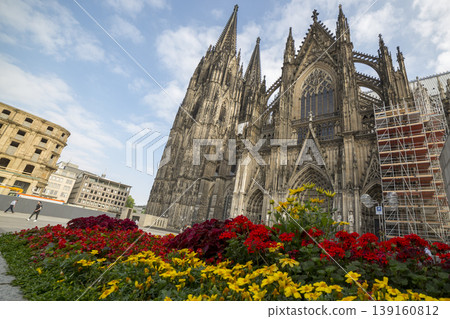 Cologne, Germany - July 07, 2018: Flower bed in the background Cathedral of Saint Peter, Catholic cathedral in Cologne Cologne, Germany - July 07, 2018: Flower bed in the background Cathedral of Saint Peter, Catholic cathedral in Cologne 139160812