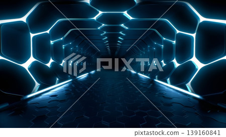 Cyberpunk tunnel scene. Illuminated hallway with reflective wet floor and metallic walls Cyberpunk tunnel scene. Illuminated hallway with reflective wet floor and metallic walls 139160841