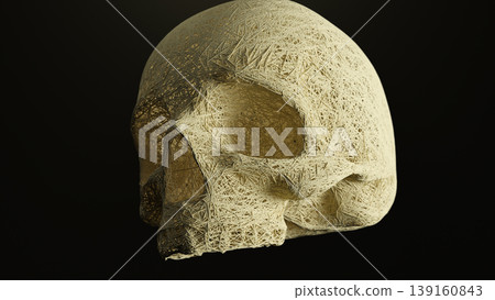 Skull dissolving imagery. Crumbling skull formed from grains against dark background Skull dissolving imagery. Crumbling skull formed from grains against dark background 139160843
