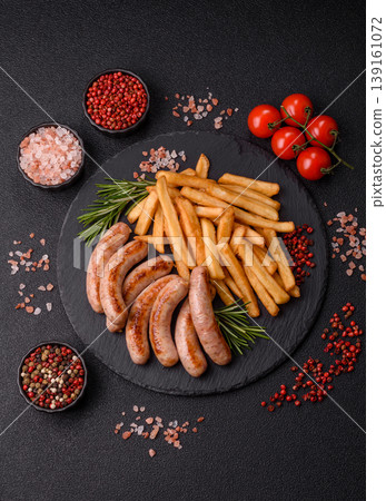 Grilled pork or chicken sausages, smoked fried food with salt and spices. Grilled sausages Grilled pork or chicken sausages, smoked fried food with salt and spices. Grilled sausages 139161072