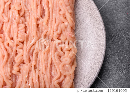 Raw fresh ground chicken, turkey, or pork for burgers or meatballs. Raw ground chicken 139161095