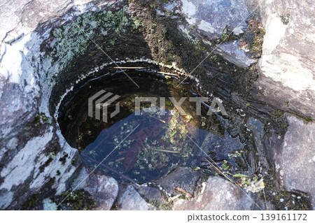Potholes carved into the rocks and the tranquil natural scenery reflected on the water's surface. Potholes carved into the rocks and the tranquil natural scenery reflected on the water's surface. 139161172