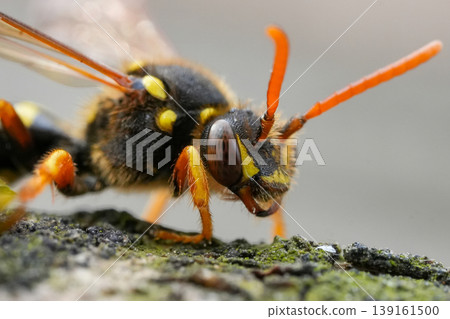 Facial closeup on a red-eyed female Goodens nomad bee, Nomada goodeniana , a parasite on Andrena nitida mining bee 139161500