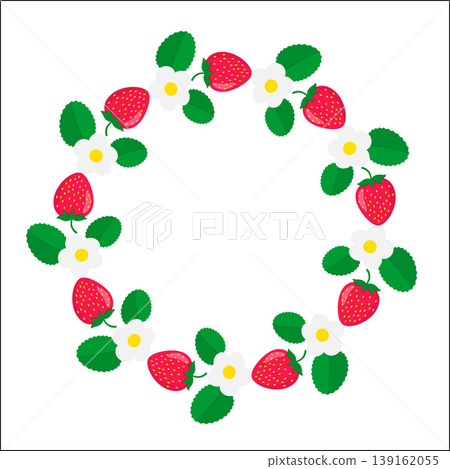 Strawberry wreath with ripe red berries, green leaves and white flowers isolated on white. Round fruit frame summer design. Vector template for banner, flyer, invitation, greeting card, shirt, etc. Strawberry wreath with ripe red berries, green leaves and white flowers isolated on white. Round fruit frame summer design. Vector template for banner, flyer, invitation, greeting card, shirt, etc. 139162055