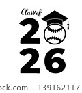 Class of 2026 lettering with graduation hat and baseball ball. Congratulations to graduates typography poster. Vector template for greeting card, banner, sticker, shirt, etc. 139162117