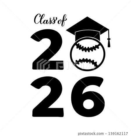 Class of 2026 lettering with graduation hat and baseball ball. Congratulations to graduates typography poster. Vector template for greeting card, banner, sticker, shirt, etc. 139162117