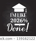 Funny graduation poster with lettering I am like 2026 percent done on chalkboard background. Congratulations to graduates sign. Vector template for greeting card, banner, label, etc. 139162122