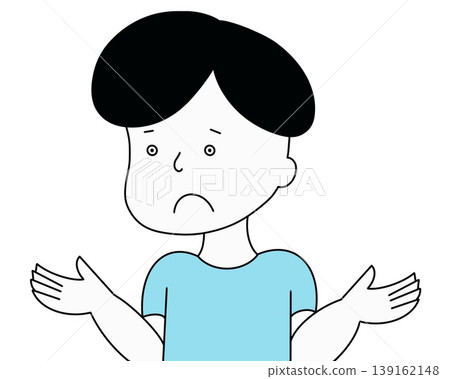 The upper body (light blue) of a man with his hands raised in a helpless pose and a troubled expression. 139162148