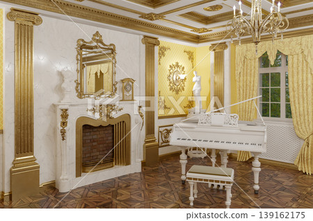 Luxurious Ornate Classical Interior With White Grand Piano, Gold Decor and Marble Fireplace in Elegant Ballroom Luxurious Ornate Classical Interior With White Grand Piano, Gold Decor and Marble Fireplace in Elegant Ballroom 139162175