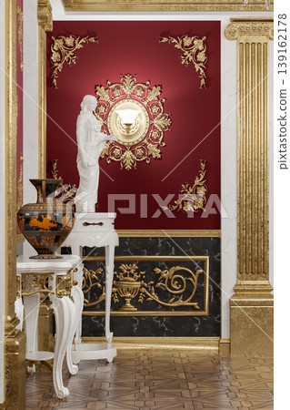 Opulent Gold And Red Ballroom Interior With Chandeliers, Parquet Floor, Classical Columns And Statues. 3d render Opulent Gold And Red Ballroom Interior With Chandeliers, Parquet Floor, Classical Columns And Statues. 3d render 139162178