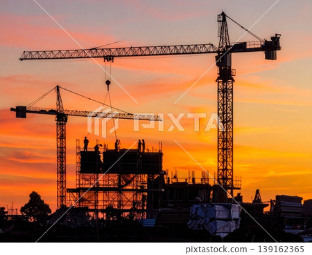 Construction Site Silhouette with Cranes Against a Dramatic Sunset Sky 139162365