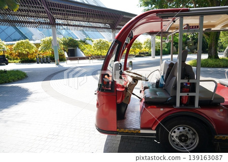Red Electric Cart in Lush Green Environment Red Electric Cart in Lush Green Environment 139163087