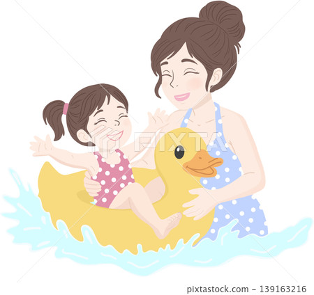 A joyful mother and daughter playing together in water with a cute duck float. A joyful mother and daughter playing together in water with a cute duck float. 139163216