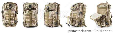 Tactical camouflage backpack with multiple compartments isolated on white background, set of views Tactical camouflage backpack with multiple compartments isolated on white background, set of views 139163632