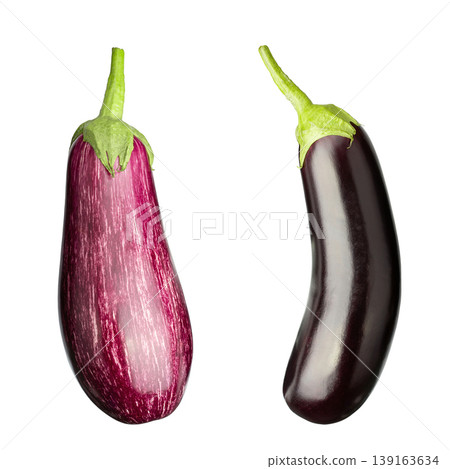 Two fresh graffiti and classic purple eggplants isolated on white background Two fresh graffiti and classic purple eggplants isolated on white background 139163634