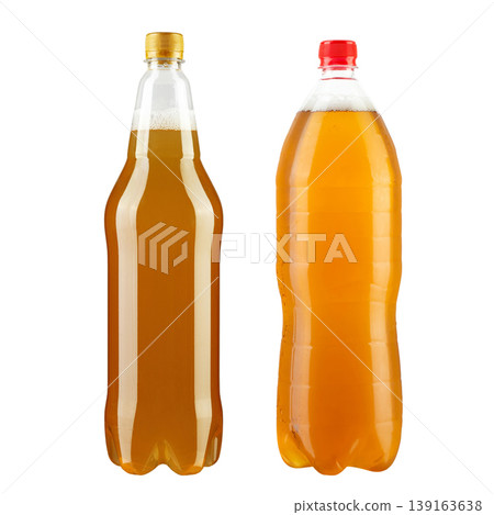 Two plastic bottles with beer or kvass isolated on white background Two plastic bottles with beer or kvass isolated on white background 139163638