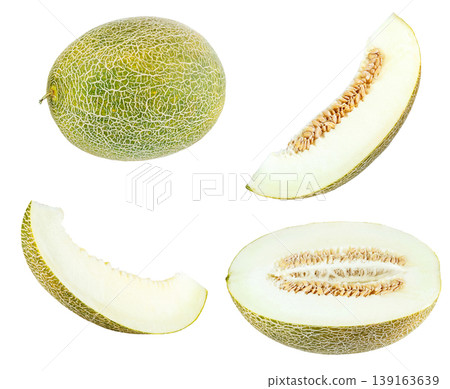 Melon fruit whole and sliced isolated on white background, fresh cantaloupe set Melon fruit whole and sliced isolated on white background, fresh cantaloupe set 139163639