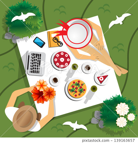 The guy with the girl on a picnic. View from above. Vector illustration.  139163657