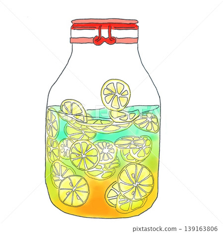 手繪水彩風格插圖，描繪了一瓶清爽的檸檬水。 139163806
