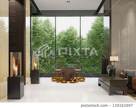 Modern luxury interior with forest view. 3D illustration of a room with amber glass vases Modern luxury interior with forest view. 3D illustration of a room with amber glass vases 139163897