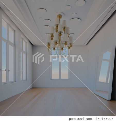 Empty 3d room interior with gold chandelier and large mirror. Luxury apartment illustration 139163907
