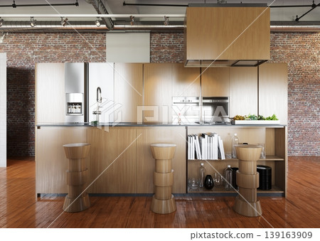 3D illustration of a modern industrial kitchen. Wooden island with stools and brick wall background 139163909