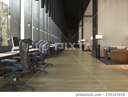 3D illustration of a modern office interior. Corporate workspace with desks and lounge area 3D illustration of a modern office interior. Corporate workspace with desks and lounge area 139163916