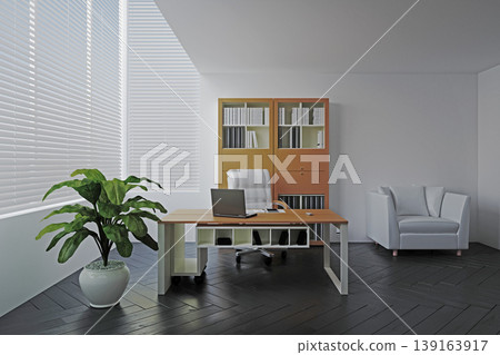 3D illustration of a modern private office interior. Executive workspace with desk and laptop 139163917