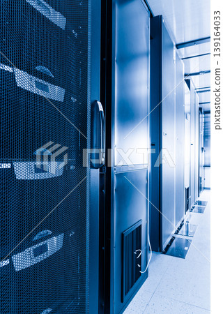 row of sever racks with perspective projection 139164033