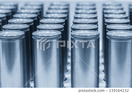 Close-up of high-capacity EV battery cell pack for electric vehicle energy storage systems. 139164232