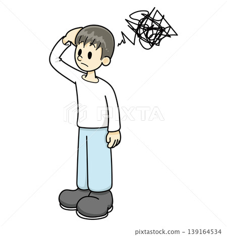 A man with a troubled expression wearing blue pants. A man with a troubled expression wearing blue pants. 139164534