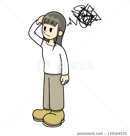 A woman with a troubled expression, wearing brown pants. A woman with a troubled expression, wearing brown pants. 139164535