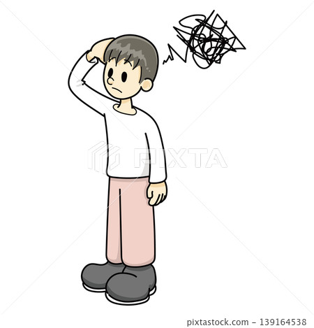一個神情困惑的男人;穿著紅色褲子。 一個神情困惑的男人;穿著紅色褲子。 139164538