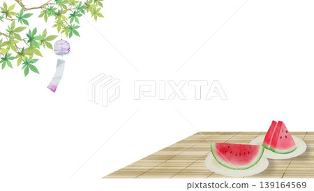 Watercolor illustration depicting the atmosphere of summer - Watermelon and wind chimes on a veranda Watercolor illustration depicting the atmosphere of summer - Watermelon and wind chimes on a veranda 139164569