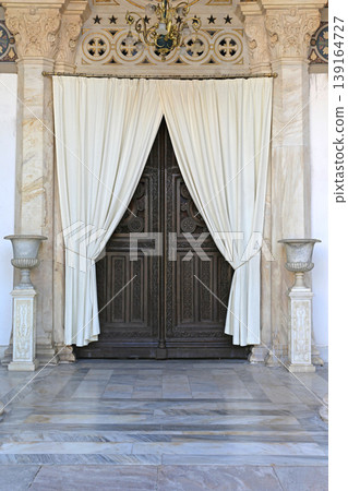 White Curtains Wooden Doors White Curtains Wooden Doors 139164727