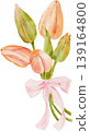 Watercolor bouquet of 5 orange tulips with a organza bow. Vintage tulip bouquets on a transparent background. Spring flowers. Hand-drawn illustration 139164800