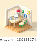 一個風格化的簡約辦公桌環境的 3D 微縮房間插圖。 139165174