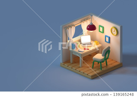 右對齊的 3D 背景插圖,留有文字空間:夜晚的風格化、簡潔的辦公桌環境。 右對齊的 3D 背景插圖,留有文字空間:夜晚的風格化、簡潔的辦公桌環境。 139165248