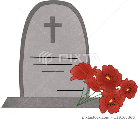 grave stone with poppy flowers	 139165366