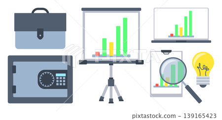 Business analytics and financial success icon set in flat design style. Collection of elements including presentation board, laptop, briefcase, safe and creative idea symbols. Vector illustrations 139165423