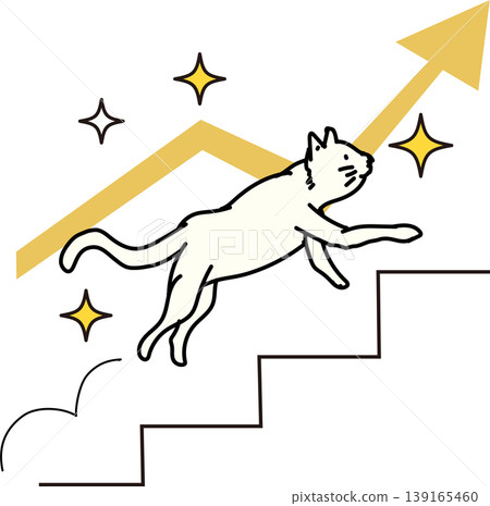 Image of growth and success: A white cat running up stairs with an arrow. 139165460