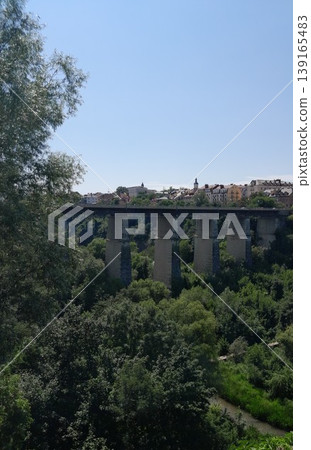 Lush Green Park View with Trees and Cityscape Under Clear Blue Sky 139165483